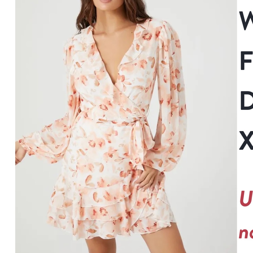 Forever 21 Women's Chiffon Floral Print Wrap Dress in White/Pink, Large